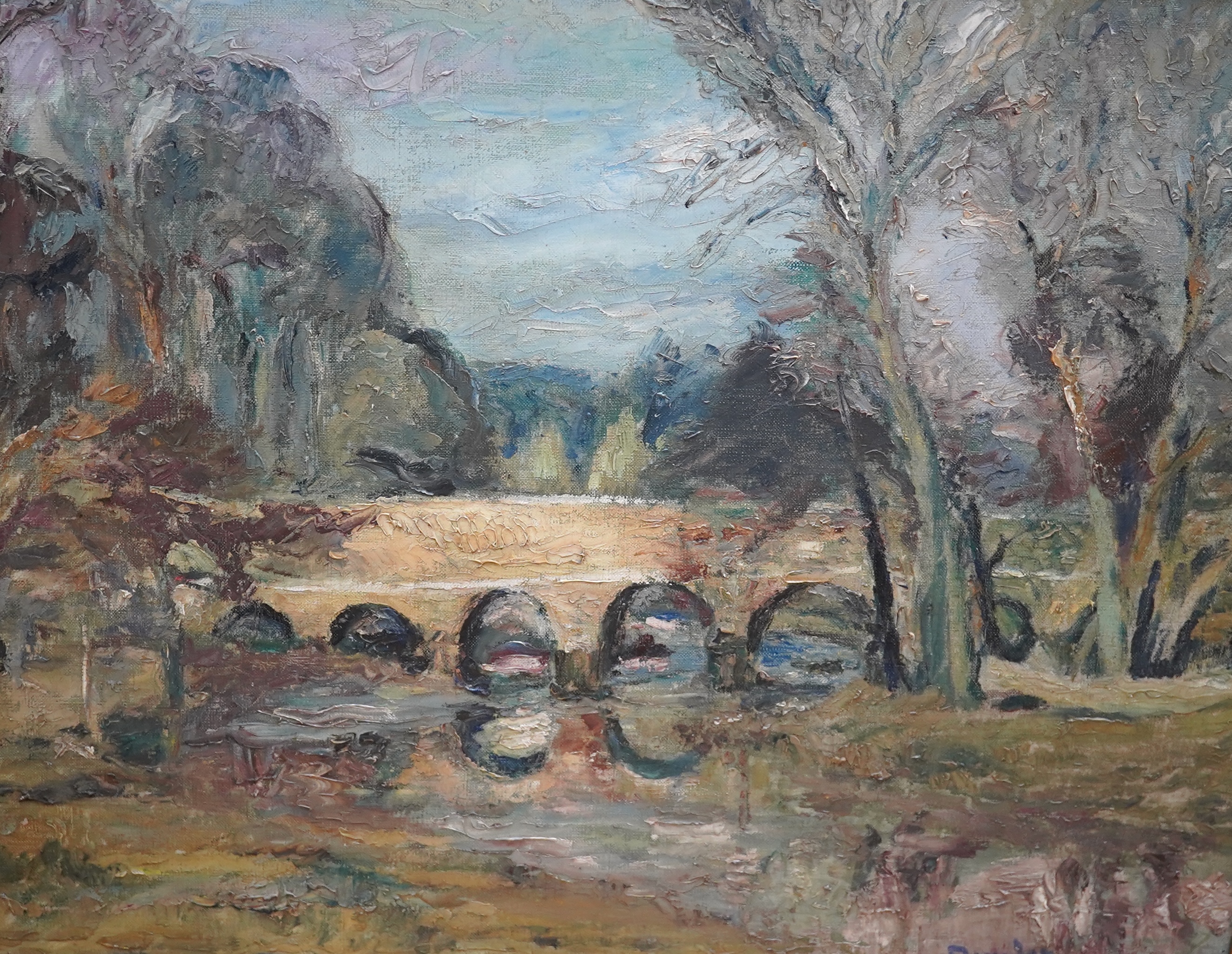 Ronald Ossory Dunlop RA (Irish, 1894-1973), impasto oil on canvas, View of a bridge, signed, 62 x 78cm. Condition - good